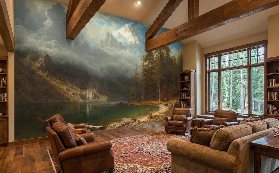 Vintage Mountain Lake Wallpaper Mural, Rustic Cabin Decor, Peel and ...