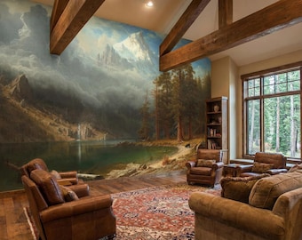 Mural de papel pintado con diseño de lago de montaña vintage, decoración rústica para cabaña, autoadhesivo.