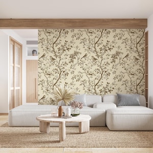Carta da parati vintage con uccelli e rami - Elegante carta da parati murale floreale beige e marrone, carta da parati staccabile e adesiva, carta da parati non tessuta