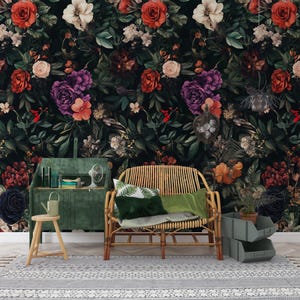 Dark Floral Vintage Wallpaper- Bold Botanical Design with Roses and Peonies  / Peel and Stick Wallpaper / Canvas Wallpaper / Vinyl Wallpaper