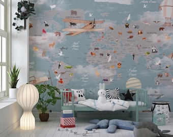 Kids World Map Wallpaper: Adventure Nursery Mural, Peel and Stick