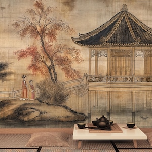 Vintage Japanese Wall Mural – Traditional Ink Style Oriental Wallpaper Peel and Stick Wallpaper, Non Woven Wallpaper