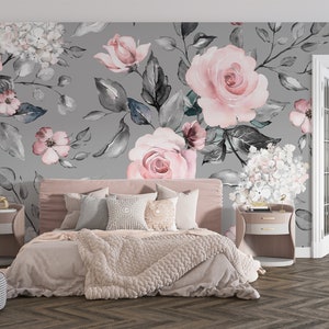 Carta da parati floreale rosa pastello Carta da parati rettangolare - Fiori romantici su morbido sfondo grigio, stacca e incolla, carta da parati in vinile