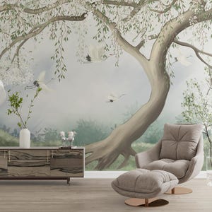 Nature Tree Mural – Tranquil Forest Wall Art with Birds Peel and Stick Wallpaper, Non Woven Wallpaper