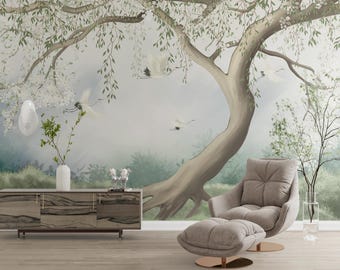 Ruhiger Baum Wandbild: Wald Wandbild mit Vögeln - Tapete zum Abziehen und Aufkleben
