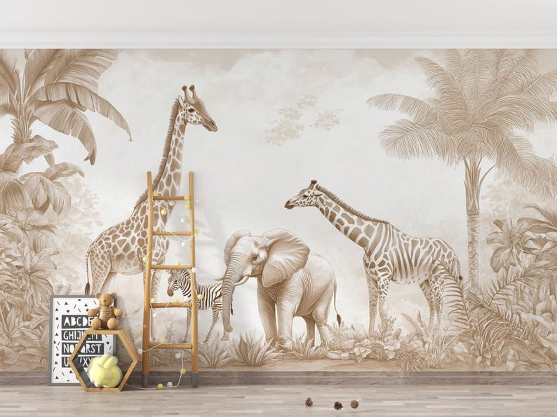 Carta da parati murale con animali della savana, ideale per camerette neutre, autoadesiva, disponibile in dimensioni personalizzate. immagine 3