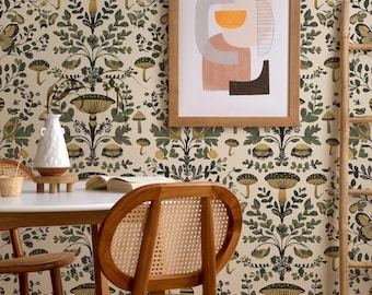 Papel pintado de hongos botánicos: arte mural caprichoso con autoadhesivo