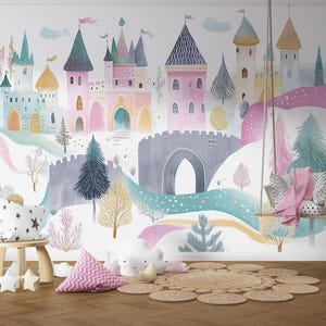 Carta da parati per la stanza dei bambini con castello e foresta stravaganti, carta da parati staccabile e adesiva, carta da parati non tessuta