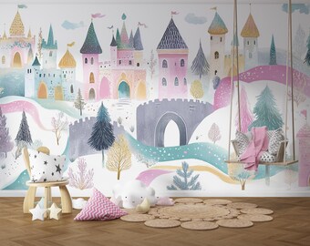 Castle Forest Kids Room Wallpaper: Peel and Stick, Non Woven