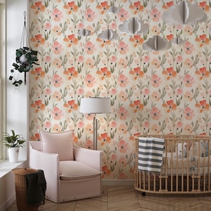 Peach Floral Wallpaper – Soft Watercolor Flower Wall Mural for Nursery, Kids room Wallpaper, Peel and Stick Wallpaper, Non Woven Wallpaper