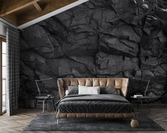 Modern Black Stone Wallpaper: Industrial Peel and Stick Vinyl