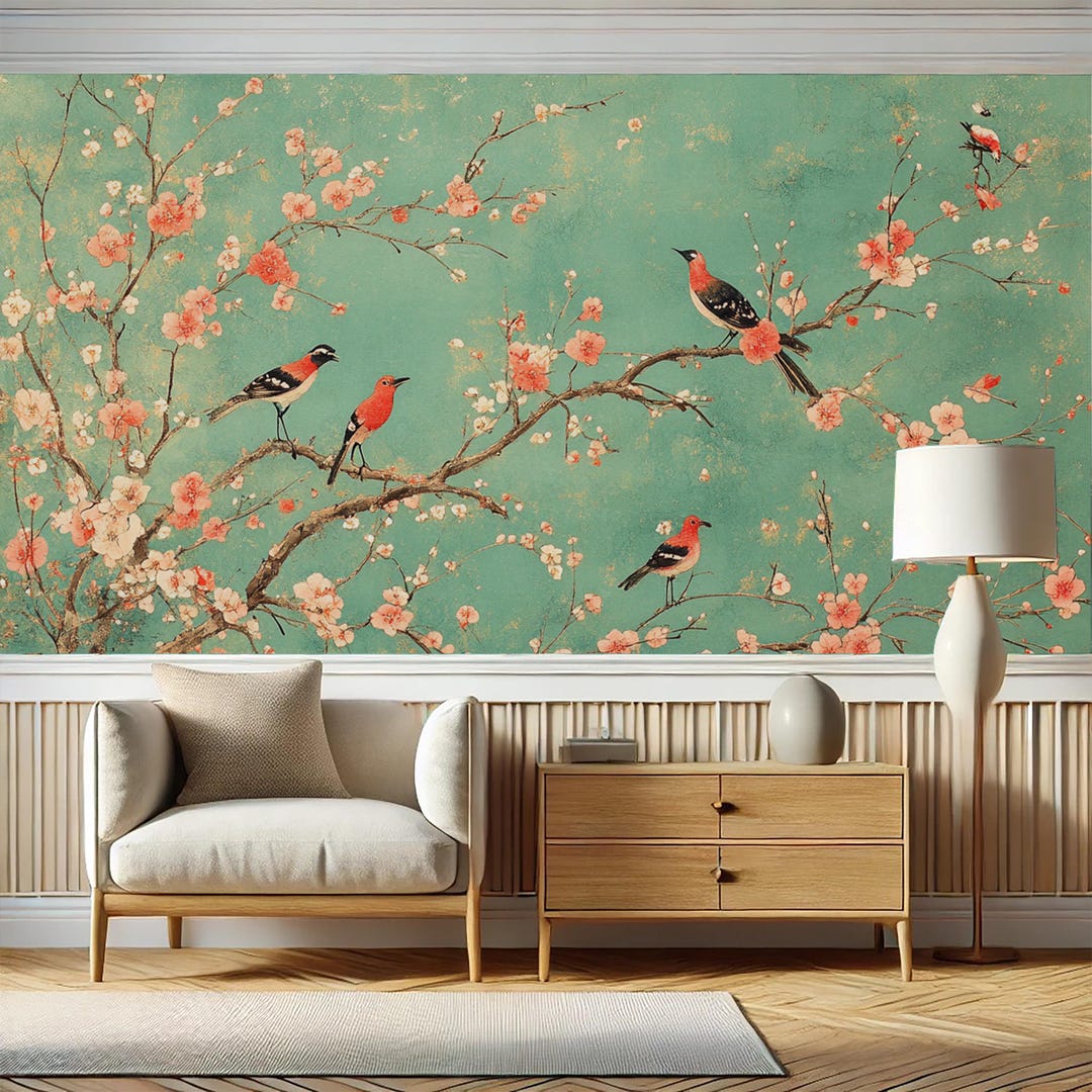Chinoiserie Cherry Blossom Wallpaper: Vintage Red Birds Wall Mural - Etsy