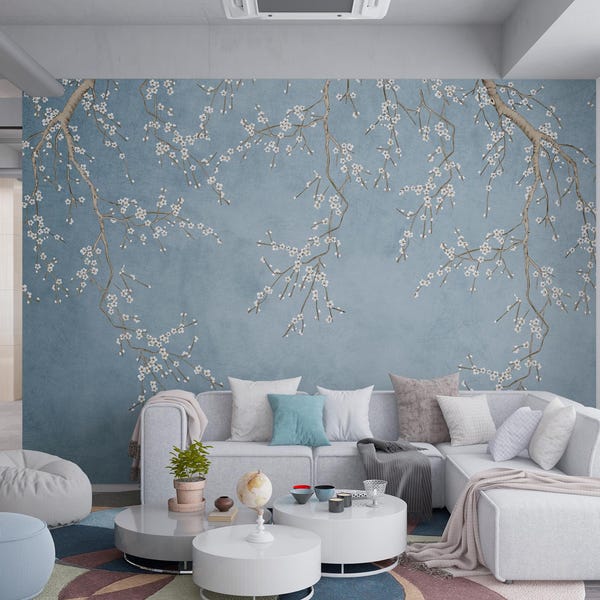 Peel and Stick Cherry Blossom Wallpaper, Blue Floral Wall Mural, Japanese Art Style, Living Room Decor, Custom Size Removable Wallpaper