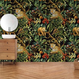 Tropical Jungle Wallpaper – Dark Forest Mural with Leopards & Foliage Peel and Stick Wallpaper, Non Woven Wallpaper