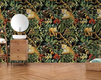 Tropisk leopard-djungeltapet: Mörk skog, självhäftande tapet eller non-woven tapet