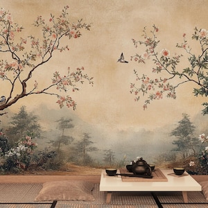 Papier peint de Chinoiseries vintage, décoration murale florale, art mural paysage rustique, décoration de ferme en détresse, taille personnalisée amovible