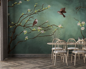 Vintage Vögel und Blumen Tapete: Dunkelgrünes Natur Wandbild