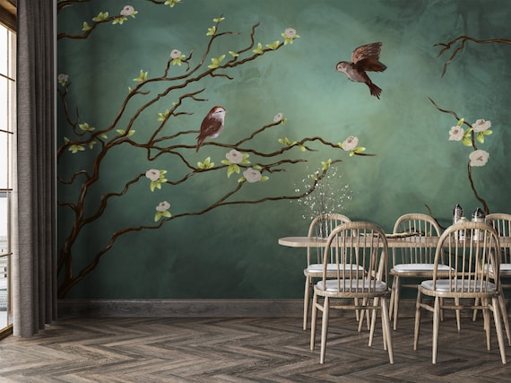 Vintage Birds and Flowers Wallpaper: Dark Green Nature Wall Mural