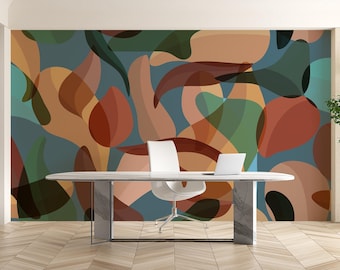 Papel tapiz mural de hojas abstractas: moderno de mediados de siglo, despegar y pegar