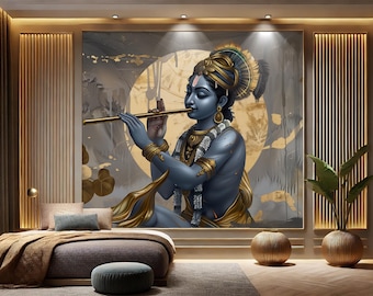Krishna Flute Mural: Spiritual Hindu Art, Peel and Stick Wallpaper