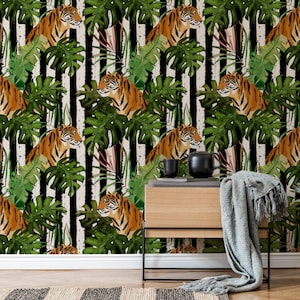 Tropische Tiger-Tapete - Dschungel-Safari-Wanddekor zum Abziehen und Aufkleben, Vliestapete
