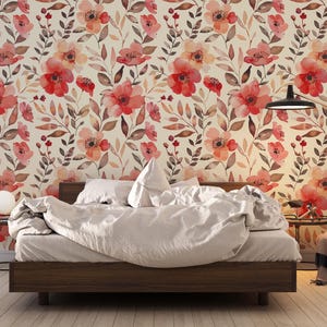 Red Floral Wall Mural – Watercolor Flower Wallpaper – Modern Bloom Accent Wall Decor  Peel and Stick, Non Woven Wallpaper, Canvas Peel&stick