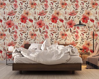 Mural de papel de parede floral vermelho: parede com detalhes de flores em aquarela - descasque e cole