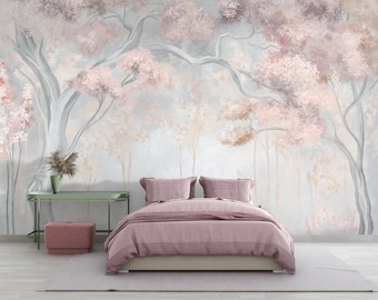 May include: A bedroom with a pink bed and a wall mural of a watercolor painting of a forest with pink trees.
