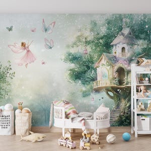 Carta da parati Whimsical Fairy Treehouse - Carta da parati murale della foresta incantata per la stanza dei bambini Carta da parati staccabile e adesiva, carta da parati non tessuta