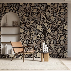 Black and Beige Boho Bottanical Wallpaper - Modern Nature-Inspired Interior Design Peel and Stick Wallpaper, Non Woven Wallpaper