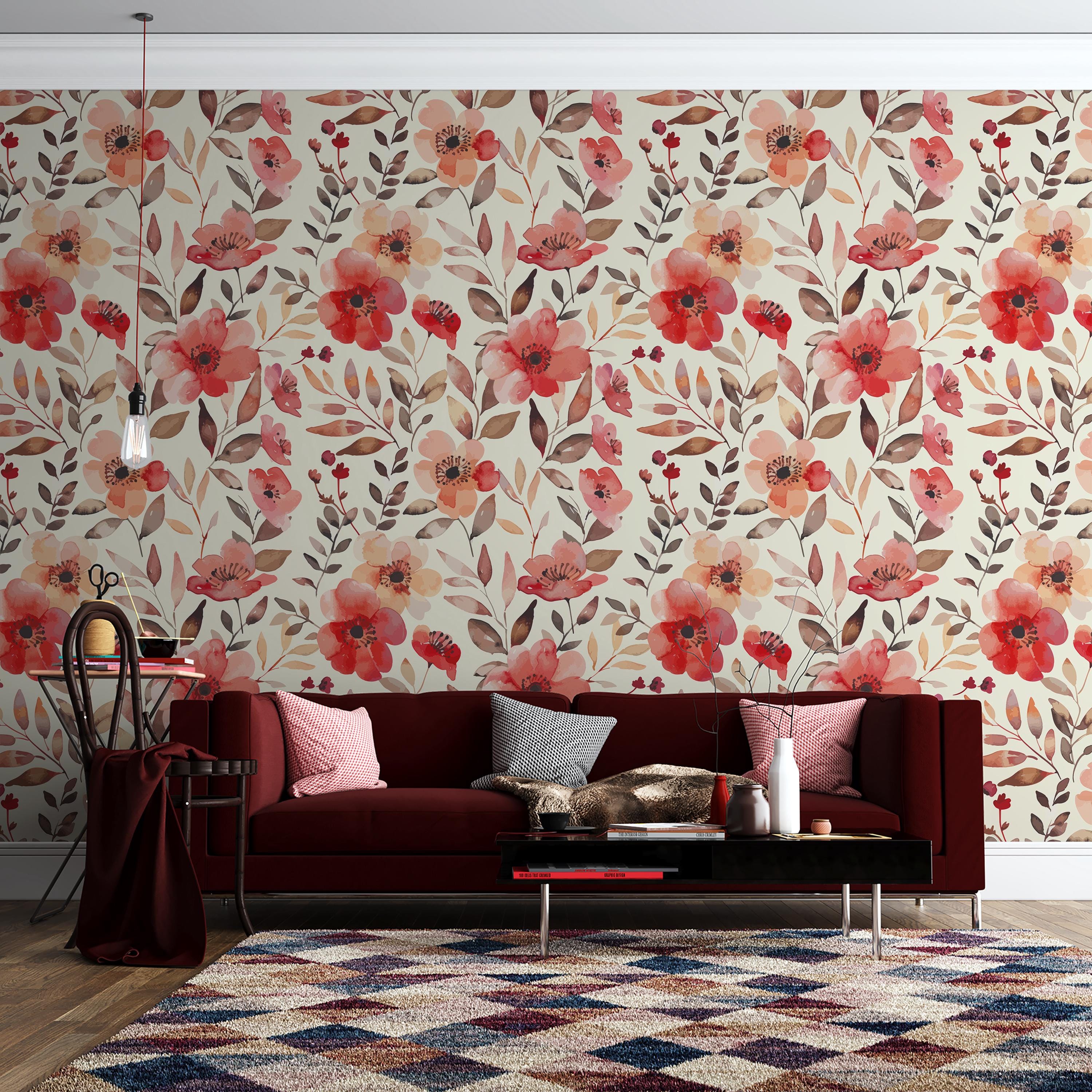 Red Floral Wallpaper Mural: Watercolor Flower Accent Wall - Peel and ...