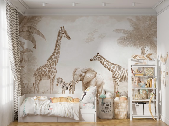 Safari Animals Wallpaper Mural, Neutral Nursery, Peel and Stick, Custom Size