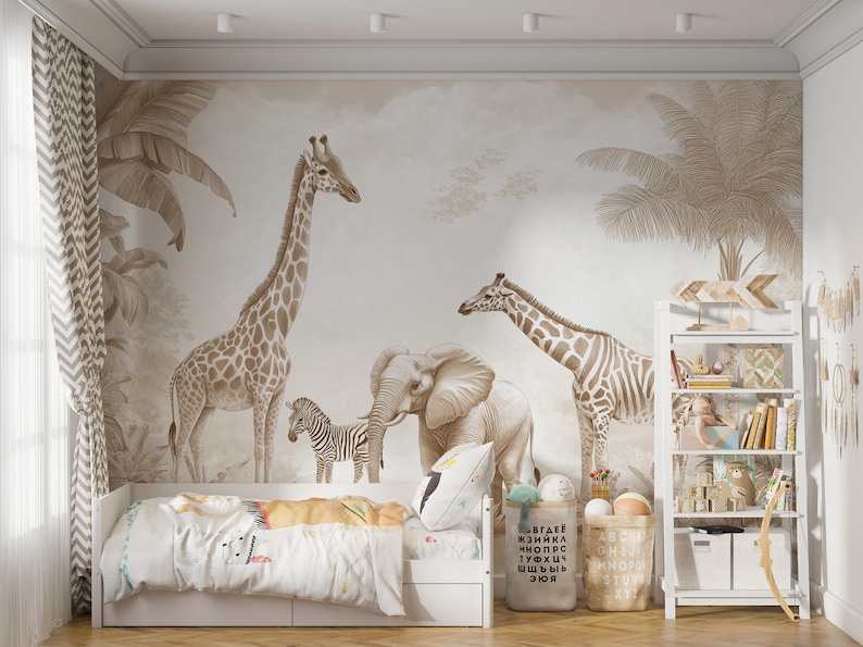 Carta da parati murale con animali della savana, ideale per camerette neutre, autoadesiva, disponibile in dimensioni personalizzate. immagine 1