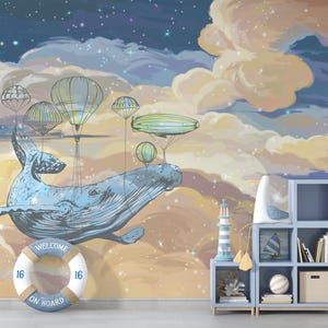 Whimsical Whale Kids Wallpaper - Flying Whale Wall Mural - Nautical Nursery Decor, Ocean Theme Peel and Stick Wallpaper, Non Woven Wallpaper