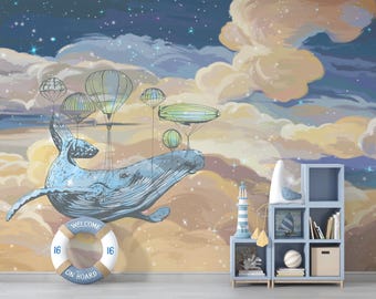 Whimsical Flying Whale Wallpaper: Nautical Nursery Decor
