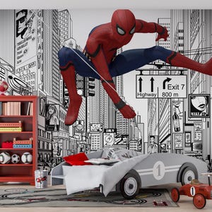 スパイダーマンの壁紙 - スーパーヒーローの街並みの壁画 - 子供部屋のカスタム壁紙 剥がして貼る壁紙、不織布壁紙