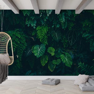 Dark Green Tropical Jungle Wallpaper – Lush Botanical Wall Mural Peel and Stick Wallpaper, Non Woven Wallpaper