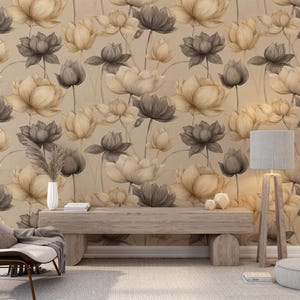 Beige Lotus Floral Wallpaper: Elegant Botanical Wall Mural, Peel and Stick