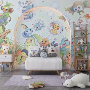 Pokemon Wallpaper - Colorful Cartoon Character Wall Mural - Custom Kids Room Wallpaper Peel and Stick Wallpaper, Vinyl Wallpaper