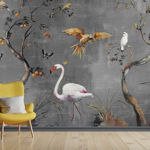Exotic Birds and Floral Wallpaper, Removable Wallpaper, Asian Wall Art, Vinyl Wallpaper, Peel and Stick Wallpaper