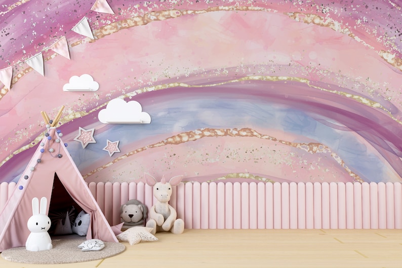 Watercolor Rainbow Wallpaper – Gold Accents, Kids Room Peel and Stick ...
