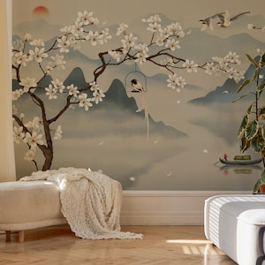 Magnolienblüte Tapete: Asiatisch inspiriertes Schälen und Aufkleben Wandbild