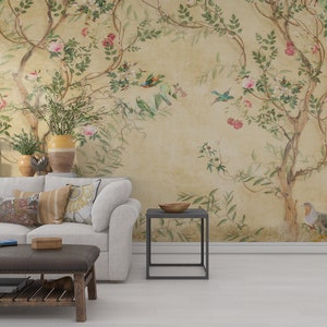 Carta da parati vintage Chinoiserie con fiori primaverili e uccelli, carta da parati floreale con uccelli, carta da parati staccabile e adesiva, carta da parati rimovibile