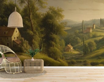 May include: A scenic landscape mural featuring a rolling green hillside with a small village in the distance. The mural is painted in a vintage style with muted colors and a soft, romantic feel.