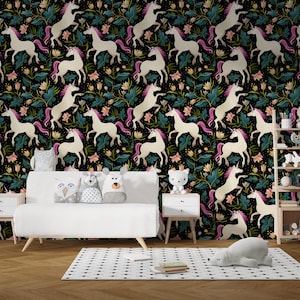Unicorn Wallpaper for Kids Room – Floral Fantasy Peel and Stick Wall Mural , Non Woven Wallpaper