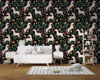 Unicorn Floral Wallpaper: Fantasy Peel and Stick Wall Mural
