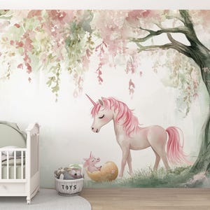 Whimsical Unicorn Wall Mural - Magical Nursery Wallpaper for Girls - Pink and Green Forest Decor Peel and Stick Wallpaper, Vinyl Wallpaper