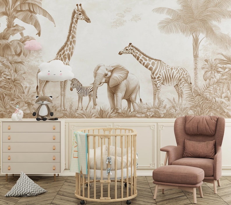 Carta da parati murale con animali della savana, ideale per camerette neutre, autoadesiva, disponibile in dimensioni personalizzate. immagine 2