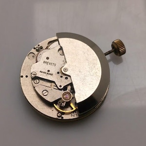 May include: Close-up of a watch movement with visible gears, screws, and a gold-colored crown. The watch mechanism has the text "BREVETS SWISS MADE" and the numbers "31/1". The watch movement is circular and made of metal.