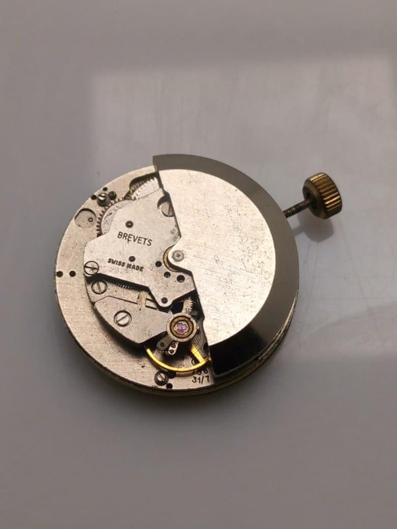 May include: Close-up of a watch movement with visible gears, screws, and a gold-colored crown. The watch mechanism has the text "BREVETS SWISS MADE" and the numbers "31/1". The watch movement is circular and made of metal.